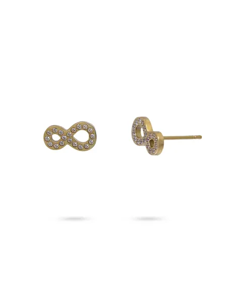 Pendientes Anartxy Sintán · Diseño infinito en acero con circonitas dorado y plateado