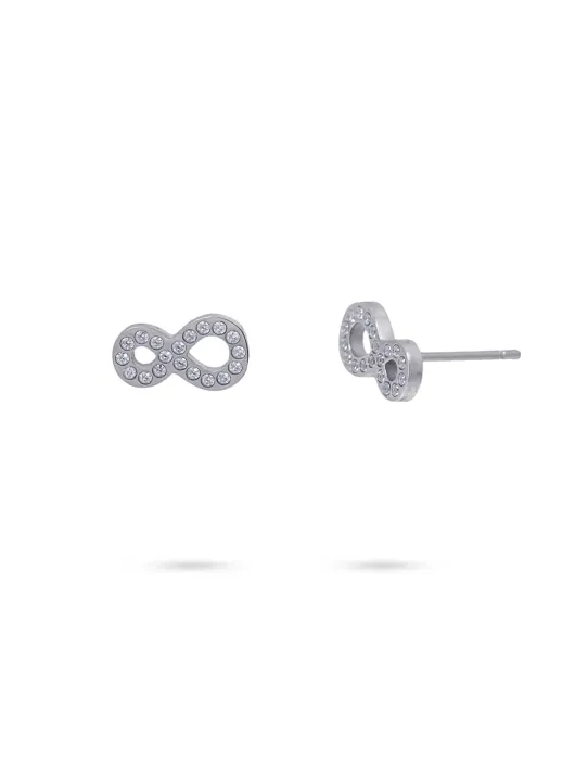 Pendientes Anartxy Sintán · Diseño infinito en acero con circonitas dorado y plateado