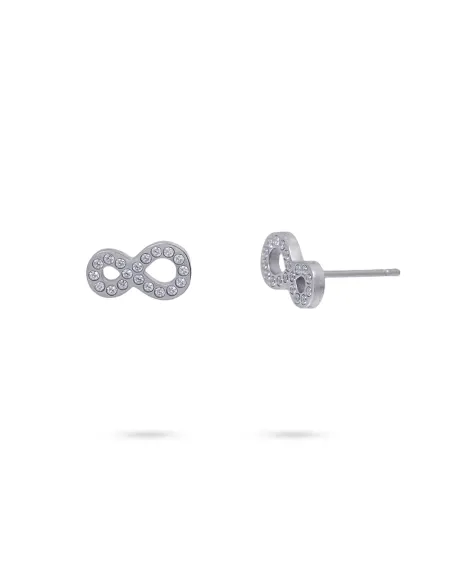 Pendientes Anartxy Sintán · Diseño infinito en acero con circonitas dorado y plateado