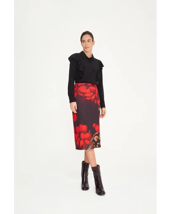 Falda Malalá Henko · Falda midi negra con estampado rojo