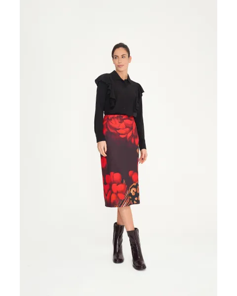 Falda Malalá Henko · Falda midi negra con estampado rojo