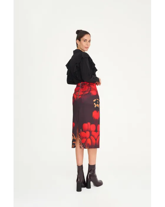 Falda Malalá Henko · Falda midi negra con estampado rojo