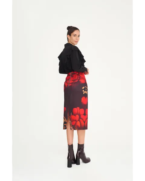 Falda Malalá Henko · Falda midi negra con estampado rojo