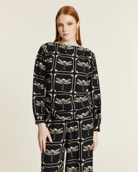 Blusa negra bordado libélulas elegante · PepaLoves