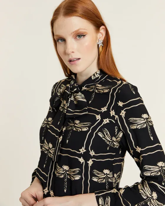 Vestido negro lazada bordado libélulas · PepaLoves