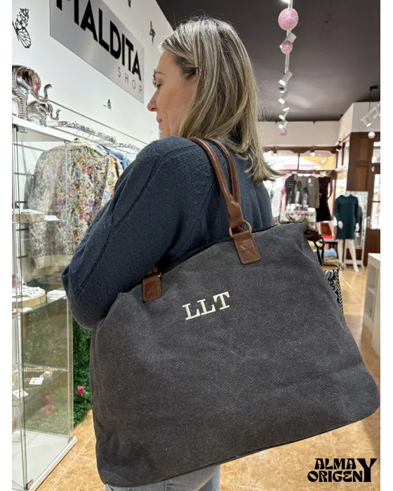 Bolso Aura Personalizado negro desgastado | Lona y piel · Alma y Origen