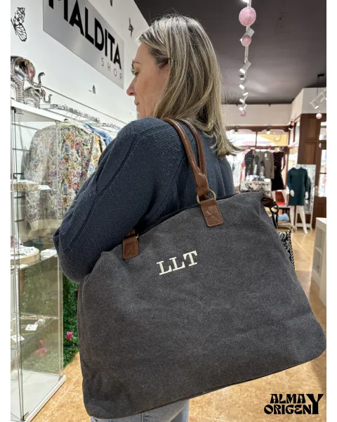 Bolso Aura Personalizado negro desgastado | Lona y piel · Alma y Origen