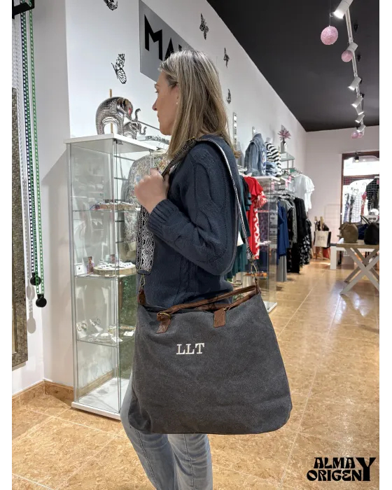 Bolso Aura Personalizado negro desgastado | Lona y piel · Alma y Origen