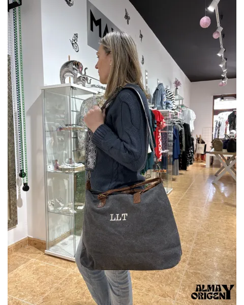 Bolso Aura Personalizado negro desgastado | Lona y piel · Alma y Origen