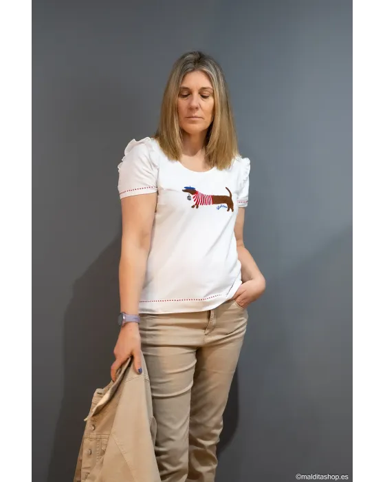 Camiseta Blanca Perro Salchicha Lolitas&L | Estilo Parisino | Maldita Shop