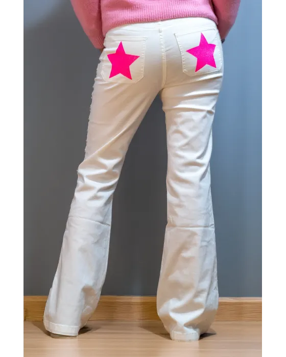 Pantalón Tejano Fantasía Blanco | Jeans Campana Estrellas | Maldita Shop