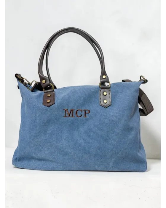 Bolso Aura Personalizado azul Lona y piel · Alma y Origen