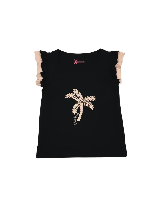 Camiseta Negra Palmera Bordada LolitaS&L | Volantes y Escote Cuadrado