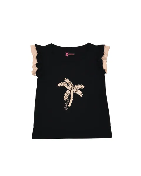 Camiseta Negra Palmera Bordada LolitaS&L | Volantes y Escote Cuadrado