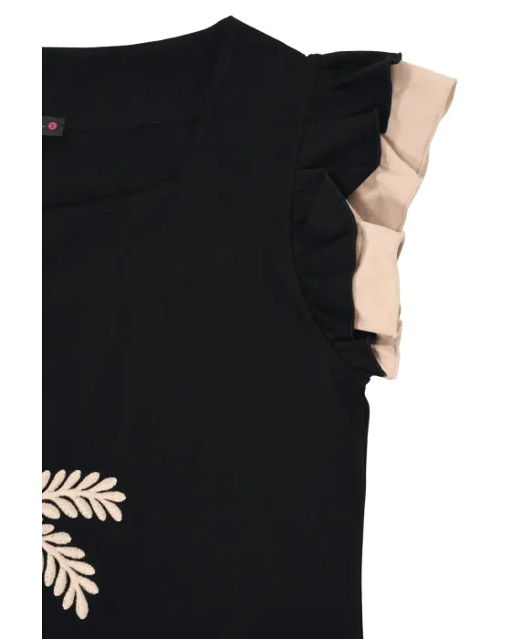 Camiseta Negra Palmera Bordada LolitaS&L | Volantes y Escote Cuadrado