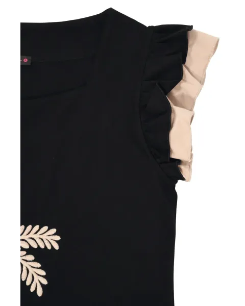 Camiseta Negra Palmera Bordada LolitaS&L | Volantes y Escote Cuadrado