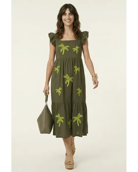Vestido Midi Militar Palmeras LolitaS&L | Diseño Tiered con Volantes