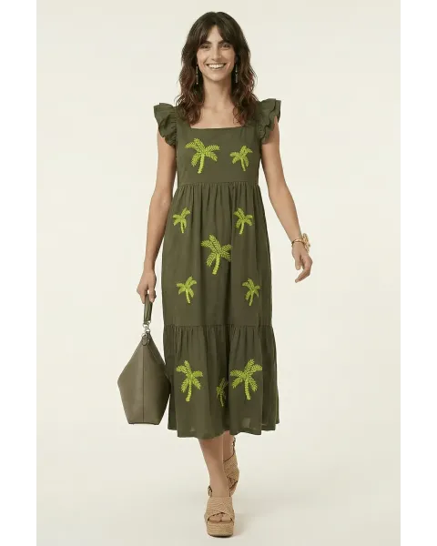 Vestido Midi Militar Palmeras LolitaS&L | Diseño Tiered con Volantes