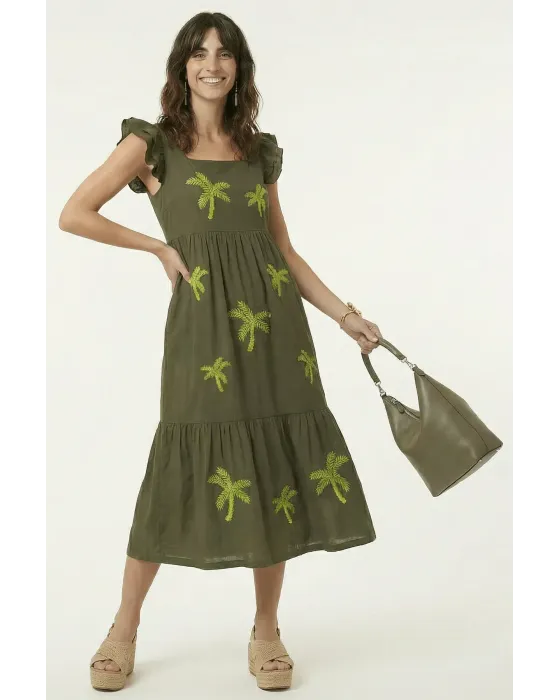 Vestido Midi Militar Palmeras LolitaS&L | Diseño Tiered con Volantes