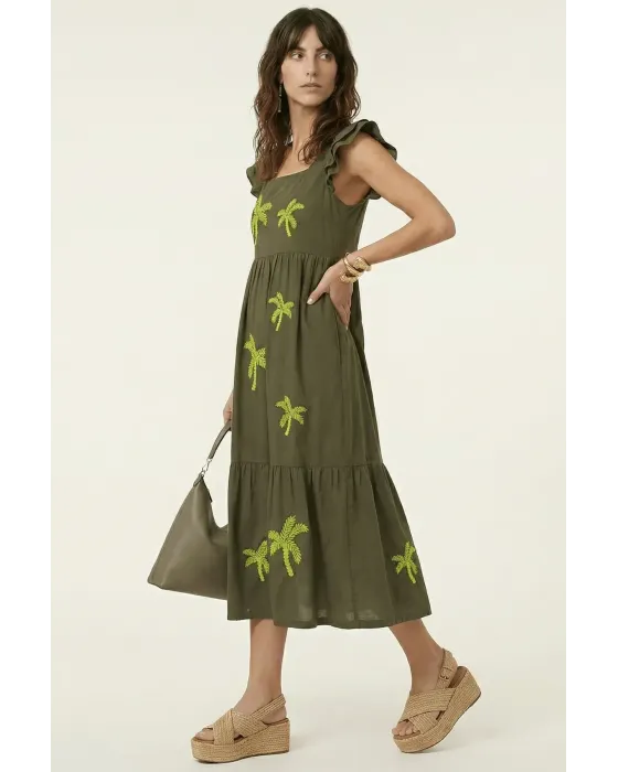 Vestido Midi Militar Palmeras LolitaS&L | Diseño Tiered con Volantes