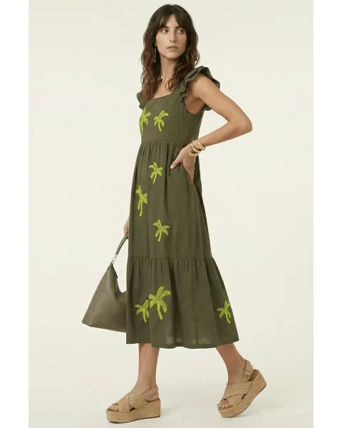 Vestido Midi Militar Palmeras LolitaS&L | Diseño Tiered con Volantes