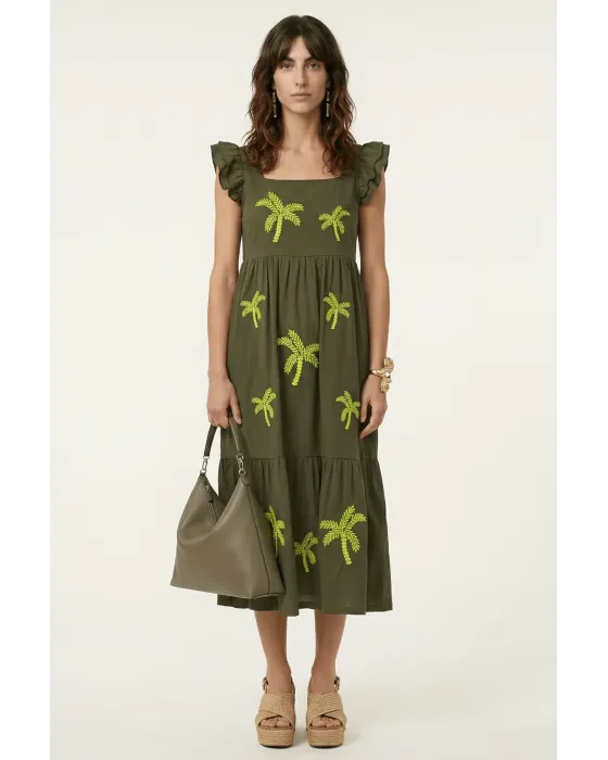 Vestido Midi Militar Palmeras LolitaS&L | Diseño Tiered con Volantes