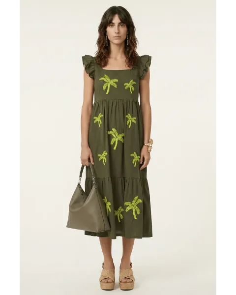 Vestido Midi Militar Palmeras LolitaS&L | Diseño Tiered con Volantes