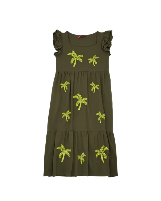 Vestido Midi Militar Palmeras LolitaS&L | Diseño Tiered con Volantes