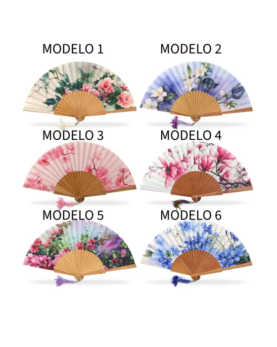 Abanico Madera Pulida Flores | Abanico Floral con Borla