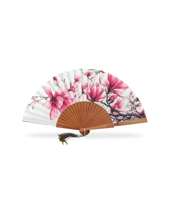 Abanico Madera Pulida Flores | Abanico Floral con Borla