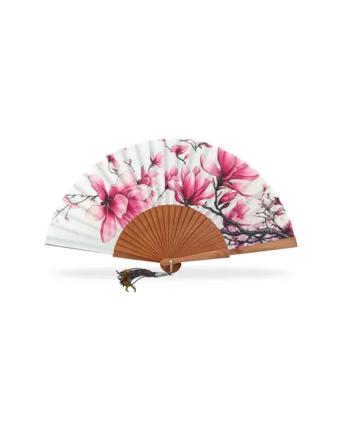 Abanico Madera Pulida Flores | Abanico Floral con Borla