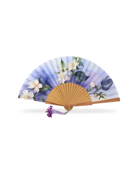 Abanico Madera Pulida Flores | Abanico Floral con Borla