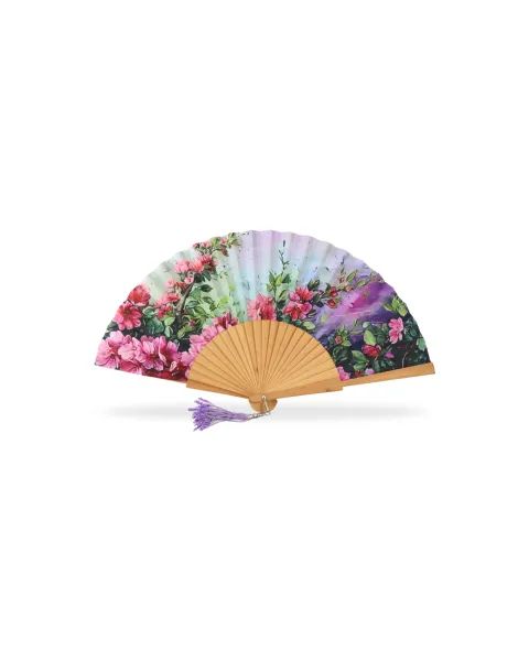 Abanico Madera Pulida Flores | Abanico Floral con Borla