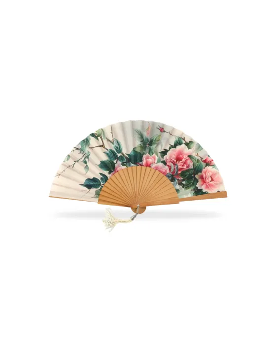 Abanico Madera Pulida Flores | Abanico Floral con Borla
