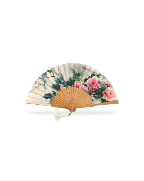 Abanico Madera Pulida Flores | Abanico Floral con Borla