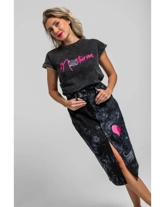 Falda Midi Jeans Nocturna Lolina | Denim Tie Dye Pantera