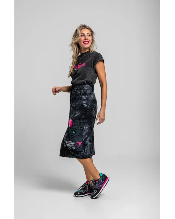 Falda Midi Jeans Nocturna Lolina | Denim Tie Dye Pantera