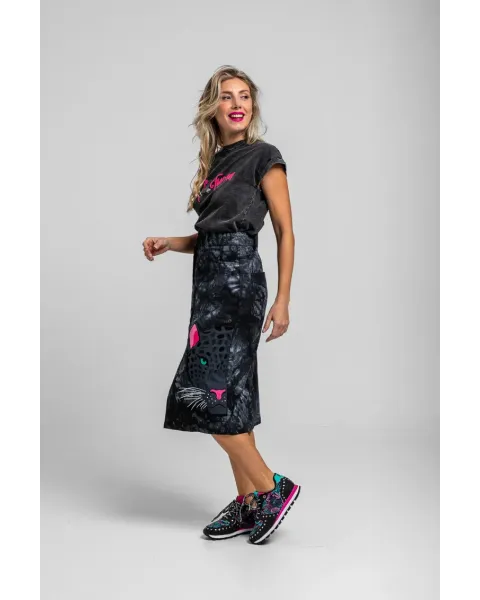 Falda Midi Jeans Nocturna Lolina | Denim Tie Dye Pantera