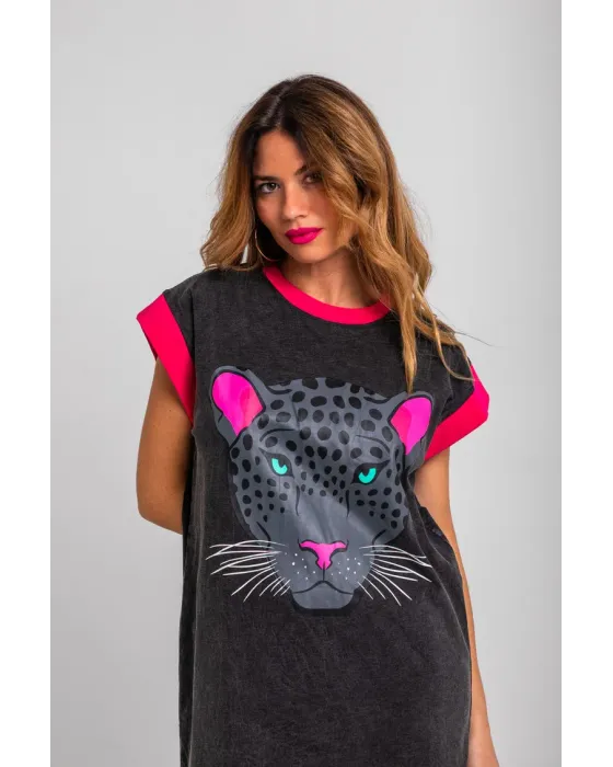 Vestido corto Nocturna Lolina | Negro Ácido con Pantera