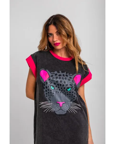 Vestido corto Nocturna Lolina | Negro Ácido con Pantera