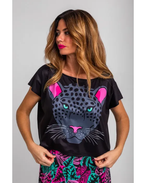 Camiseta Nocturna Lolina | Top Crop Oversize Panteras