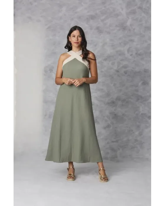 Vestido Largo Amichi Verde | Halter Cruzado Crema