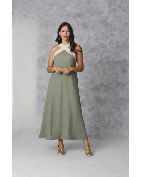 Vestido Largo Amichi Verde | Halter Cruzado Crema