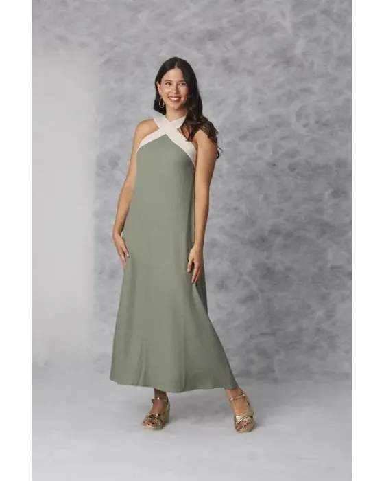 Vestido Largo Amichi Verde | Halter Cruzado Crema