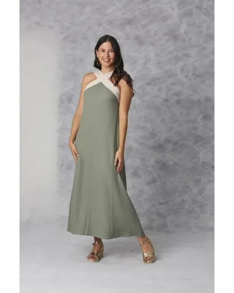 Vestido Largo Amichi Verde | Halter Cruzado Crema