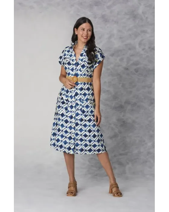 Vestido Midi Amichi | Camisero Geométrico Azul y Blanco