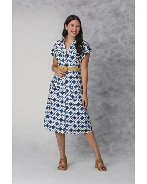 Vestido Midi Amichi | Camisero Geométrico Azul y Blanco