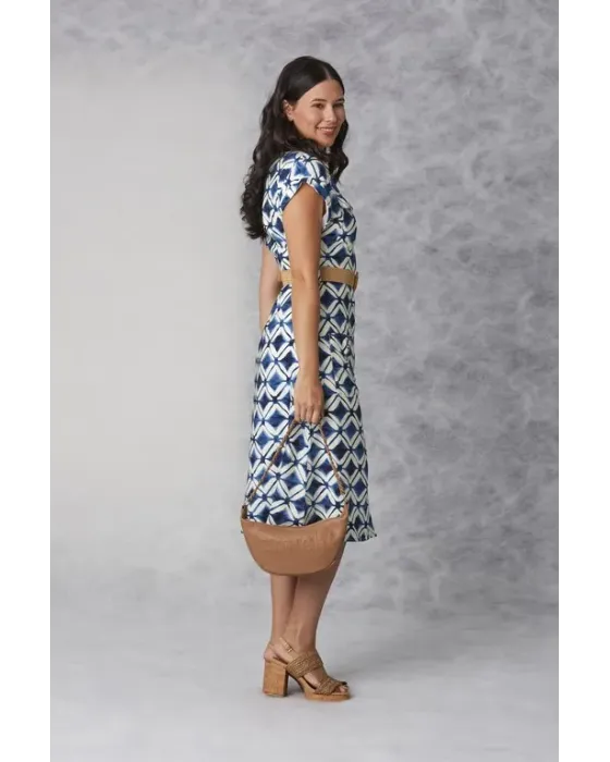 Vestido Midi Amichi | Camisero Geométrico Azul y Blanco
