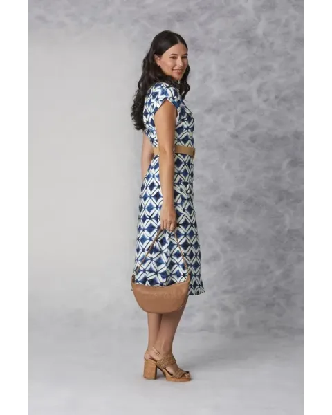 Vestido Midi Amichi | Camisero Geométrico Azul y Blanco