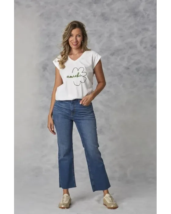Camiseta Amichi Blanca | Básica con Logotipo Flor Verde